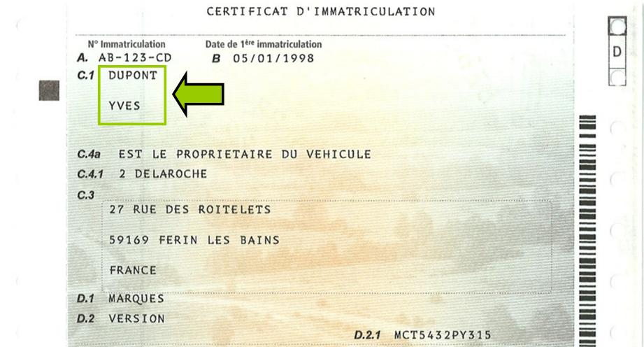 Où trouver le nom et prénom sur la carte grise.